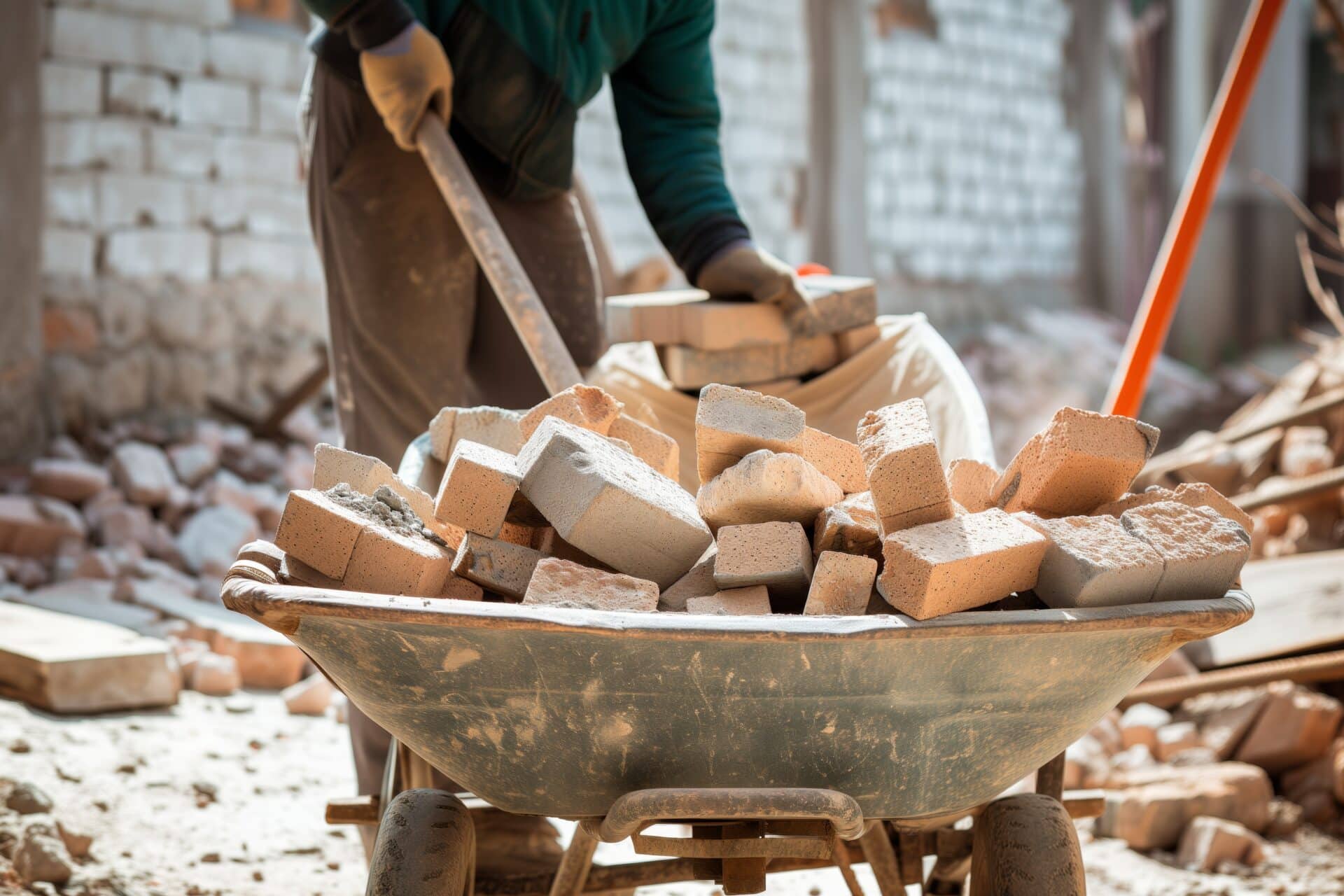 worker loading bricks into a wheelbarrow near a site