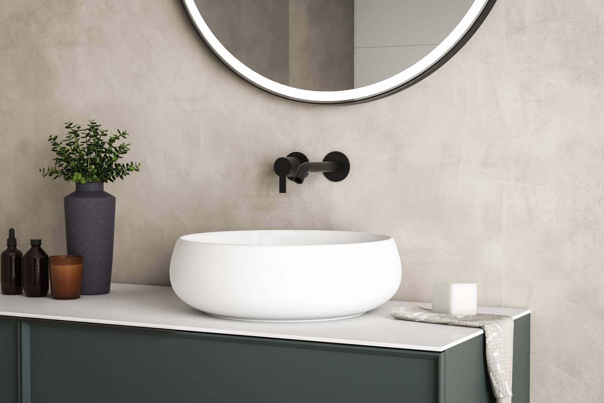 3D render close up perspective blank empty space on ceramic vanity unit counter top in the bathroom with white ceramic porcelain sink with faucet, morning sunlight, wall, Elegance